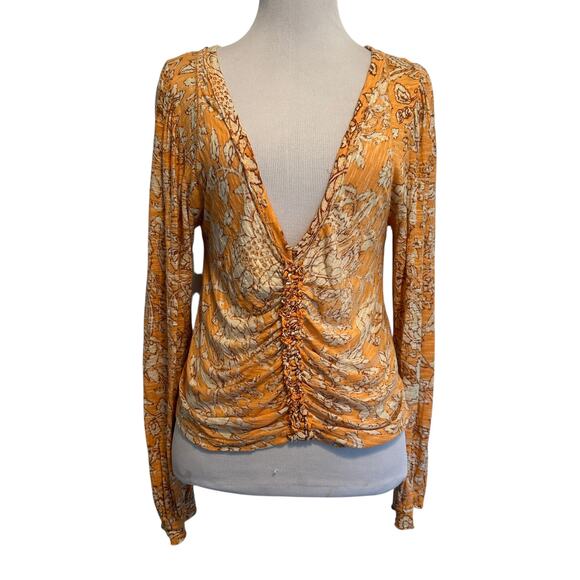 Free People Say the Word Cropped Top Womens Medium Peach Floral Ruched Modal - Picture 2 of 11